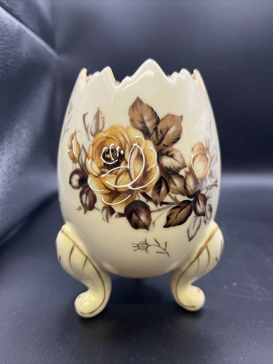 Vintage Napcoware Footed Cracked Egg Vase/Planter Hand Painted Floral 5.25”