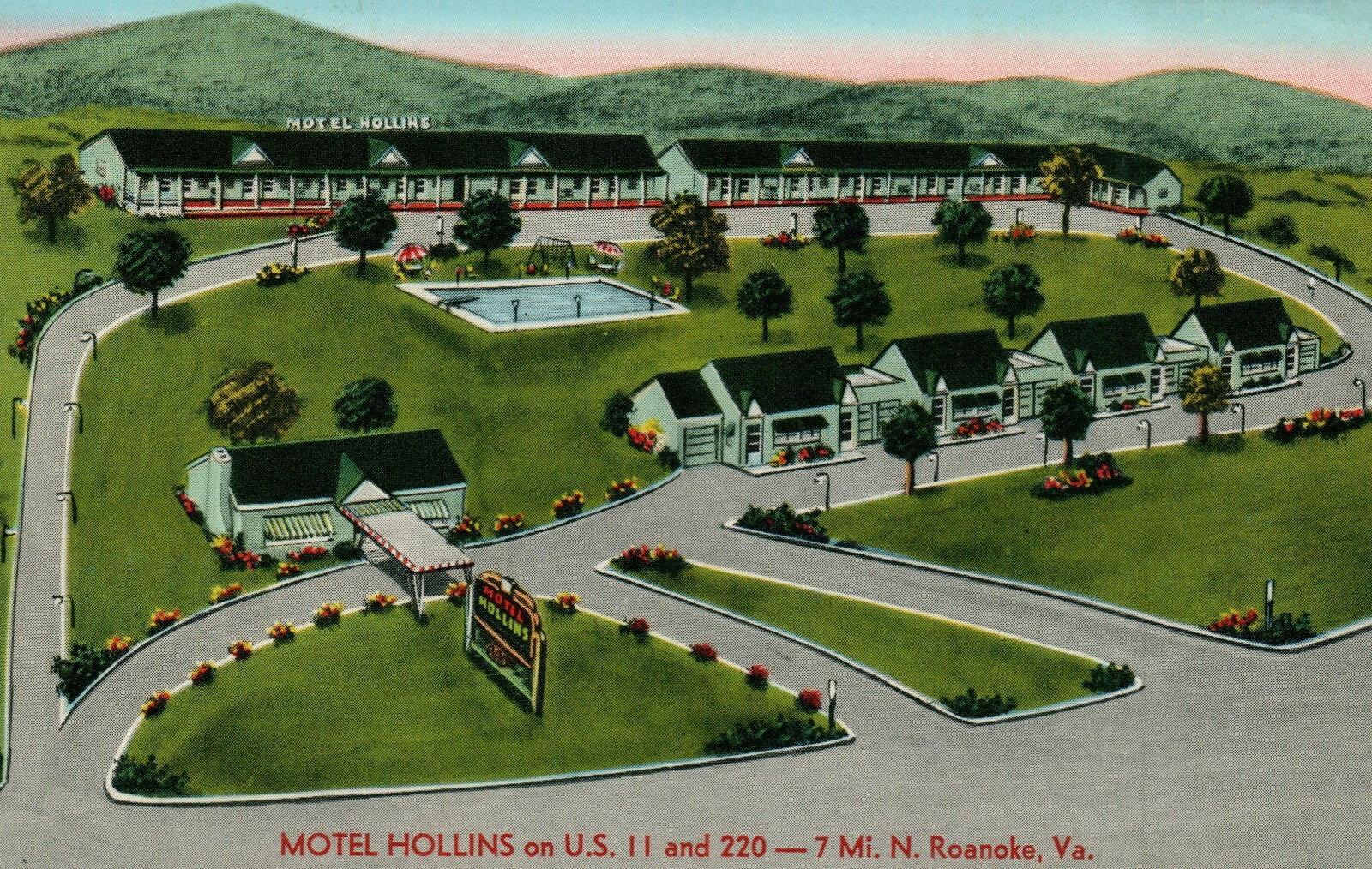 Motel Hollins on US 11 and 220 -- 7 Mile N Roanoke VA Virginia Postcard