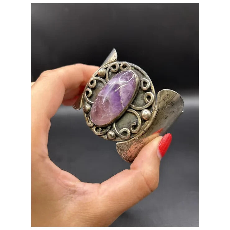 Vintage Hecho Mexico Sterling Silver 925 Amethyst Native Cuff Bracelet