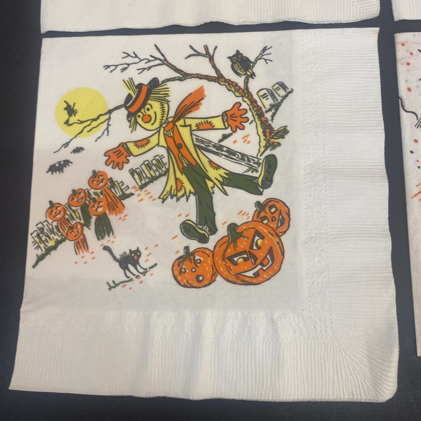 Vintage HALLOWEEN White PAPER NAPKIN Lot of 4 Pumpkins, Ghosts, Scarecrows, Bats