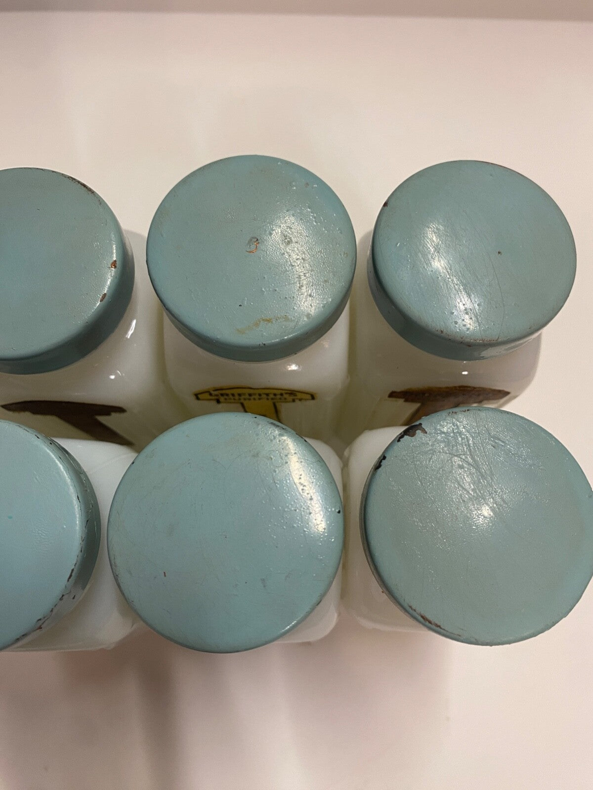 Vintage Griffith's Mid-Century Milk Glass Spice Jar Set of 8 Sage Blue/Green Lid