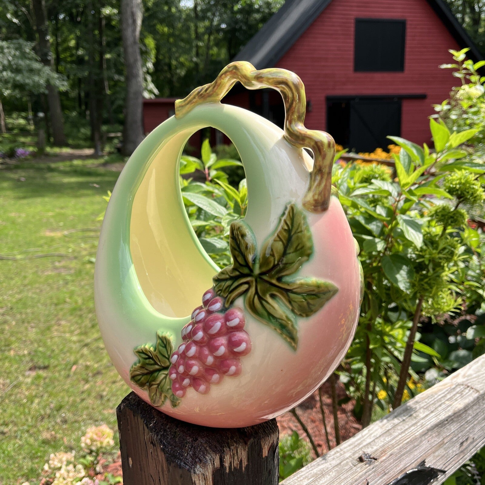 Pottery Tokay Vintage USA  Planter Napkin Fruit Holder Pink Grapes Vine Handle