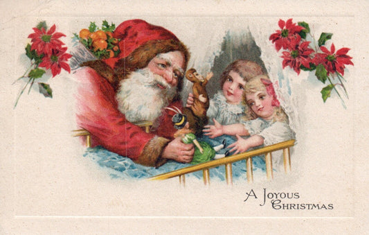 A Joyous Christmas Santa Delivering Toys to Children Vintage Santa Postcard