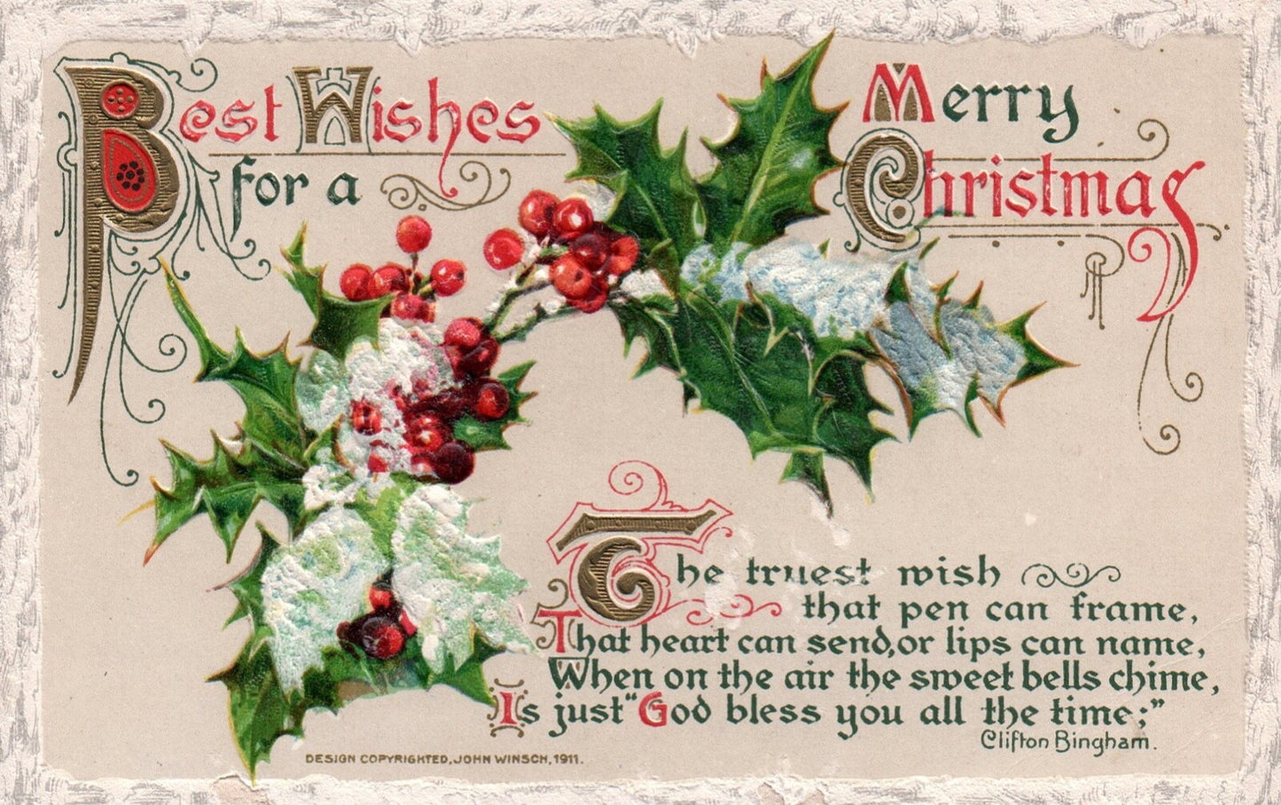 John Winsch Best Wishes For A Merry Christmas Snowy Holly Vintage Postcard