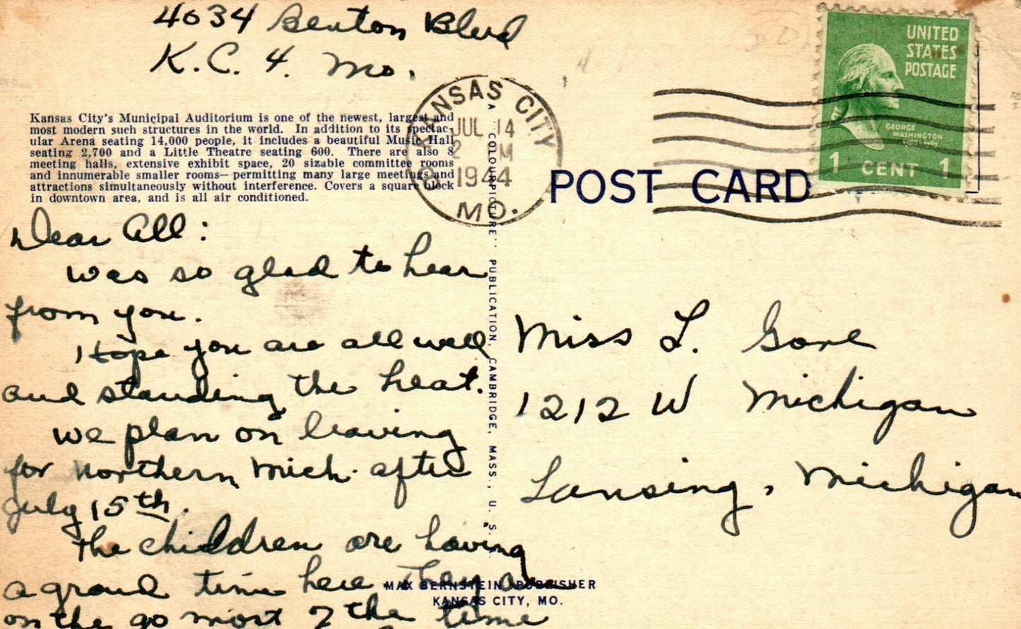 Municipal Auditorium Kansas City 16102 MO Missouri Postcard