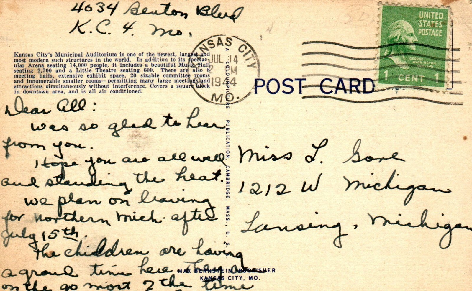 Municipal Auditorium Kansas City 16102 MO Missouri Postcard