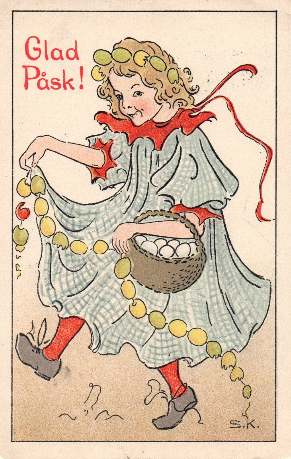 Glad Pask  S K Artist Girl Egg Basket Easter vintage postcard
