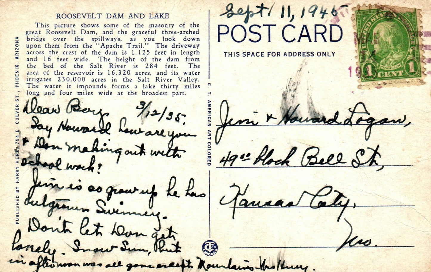 1945 Roosevelt Dam and Lake Arizona AZ Postcard