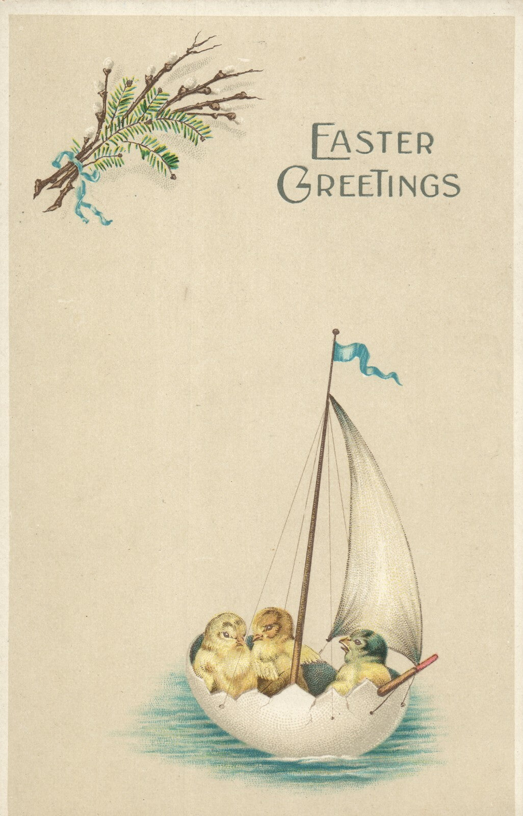 Scarce Easter Greetings Chicks in a Sailboat 3 of 3 Series Postcard