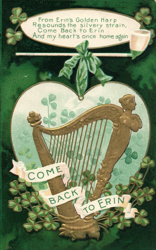 Come Back to Erin Gold Metallic Harp Clovers Green Bow St Patrick's Day Postcard