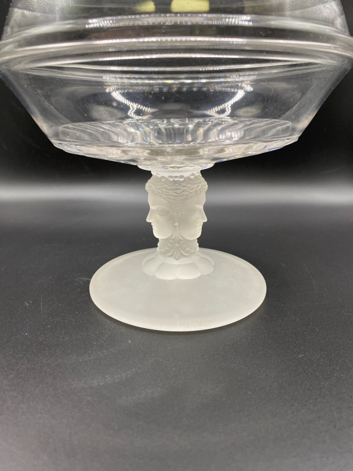 EAPG DUNCAN THREE FACES ENGRAVED CLEAR & Frosted GLASS MILLER COMPOTE Lid Heads
