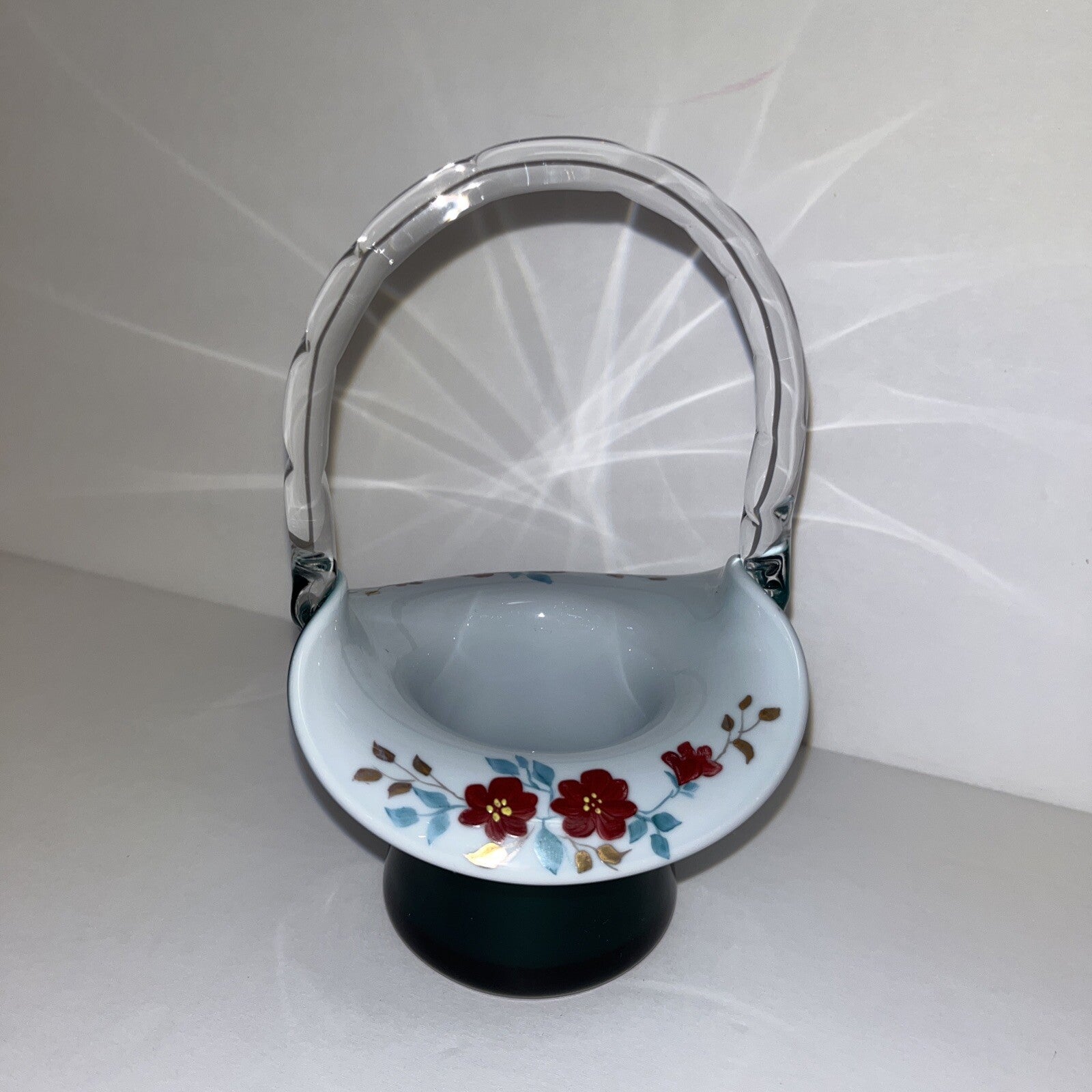 FENTON VINTAGE HAND PAINTED WILD ROSES ON TEAL OVERLAY TOP HAT BASKET LIM. ED.