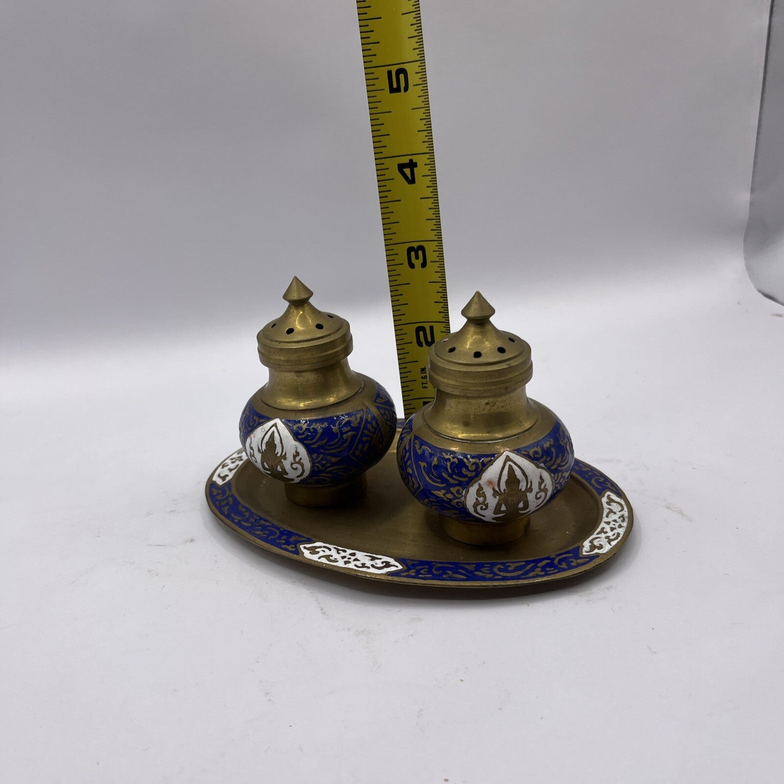 Vintage Brass Blue Enamel Salt Pepper Shakers Holder Tray set used