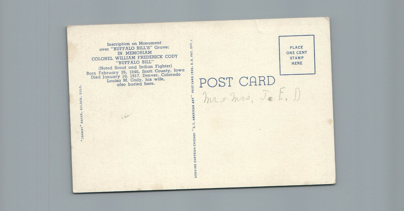 Grave Of Buffalo Bill Lookout Mountain Colorado CO Postcard