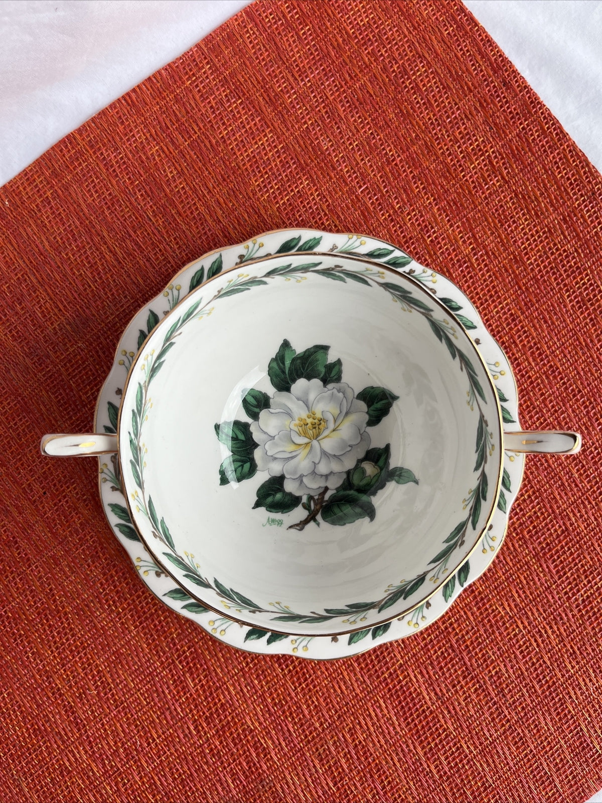 Royal Albert Lady Clare Two Handle Soup Bowl And Plate Gold Trim