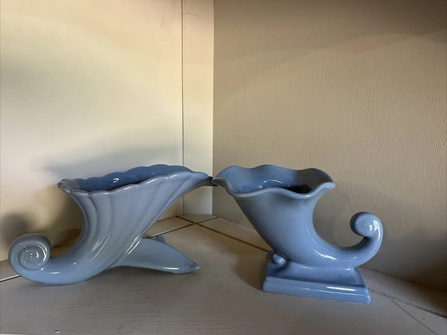 2 - Abingdon Illinois Pottery Vases Cornucopias Blue Vase Planter