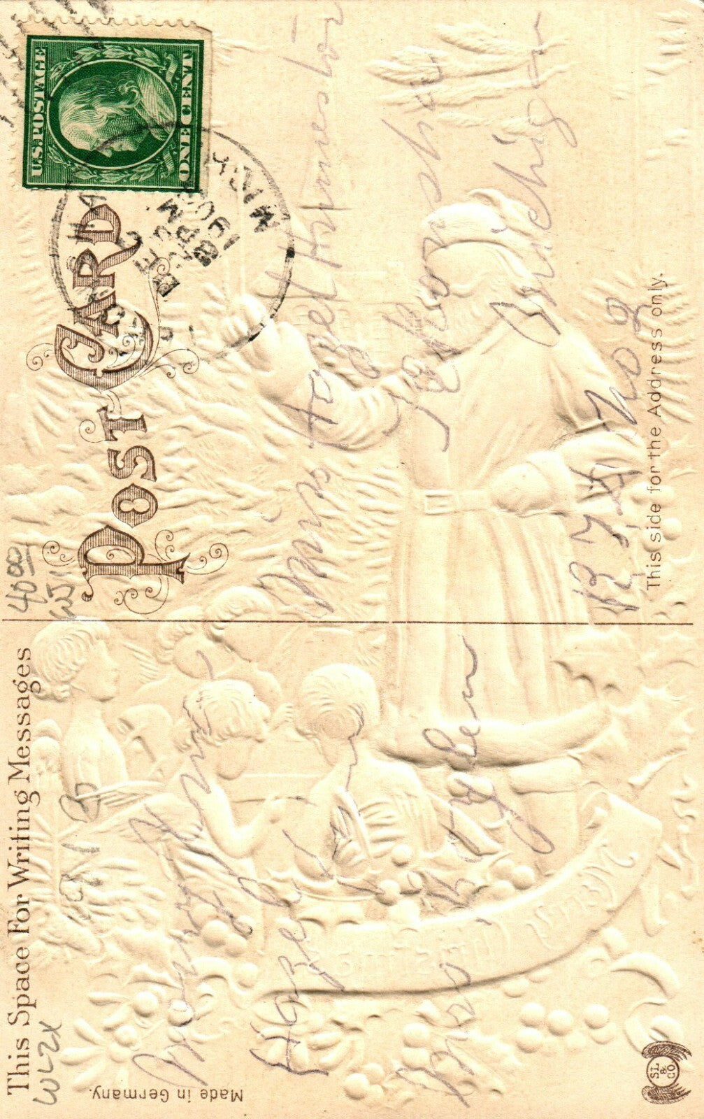 Silk Robed Santa Conducts Choir of angels vintage Christmas postcard