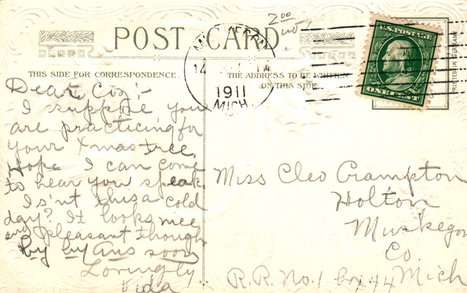 John Winsch A Merry Christmas Yellow Bird on Branch with Holly Vintage Postcard