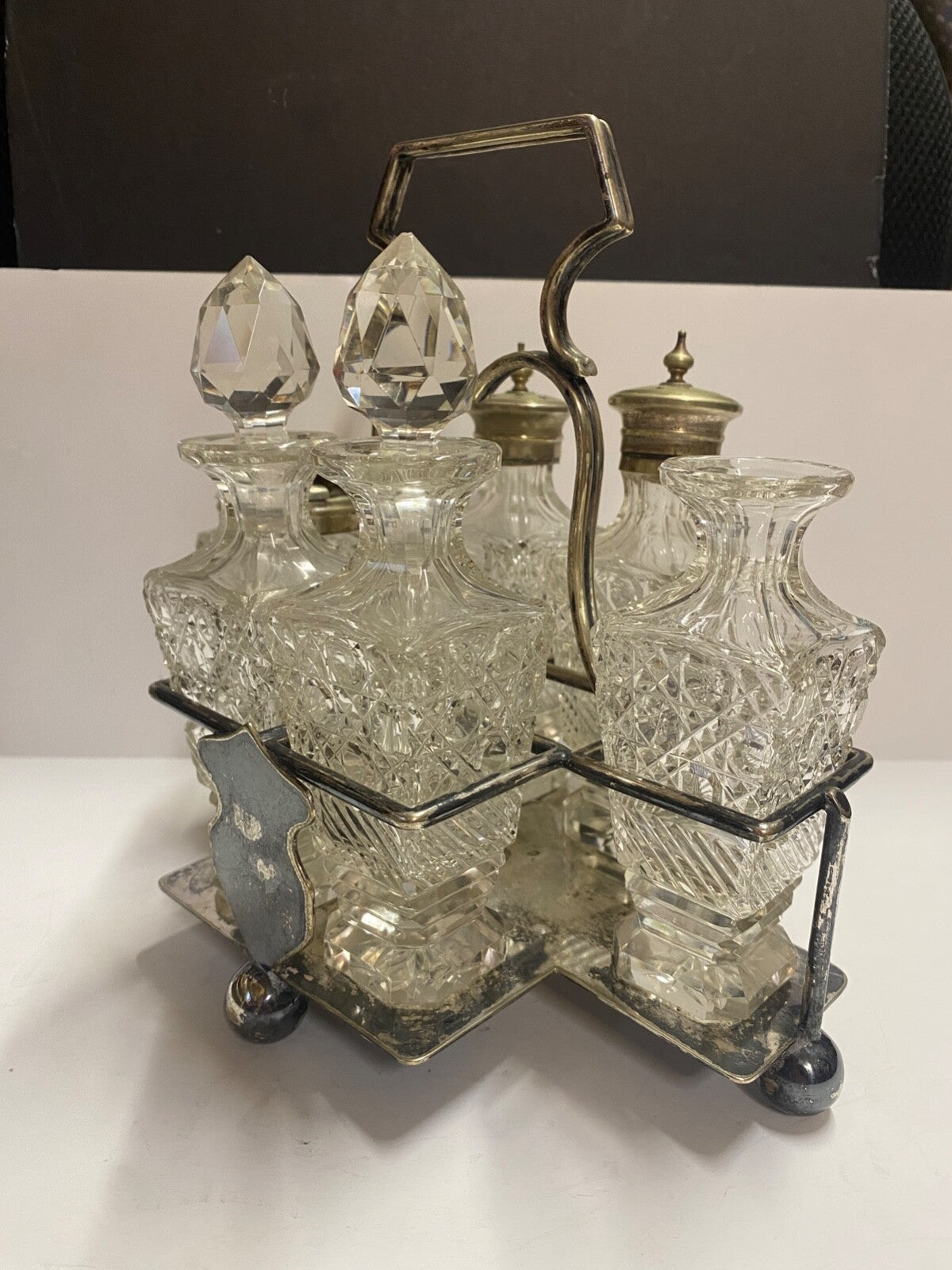 Antique 1900's Silver Plated Cruet 6 Piece Set & Carrier Salt Pepper Sugar &More