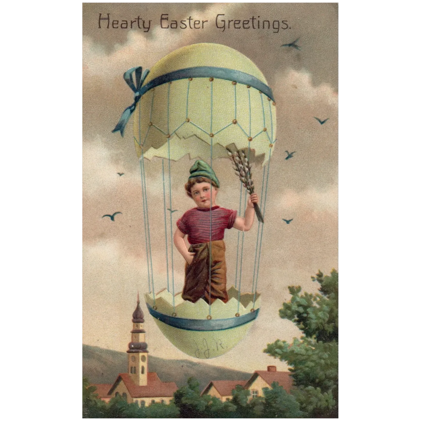 Vintage PFB Easter Boy in Egg Balloon Vintage Easter Postcard