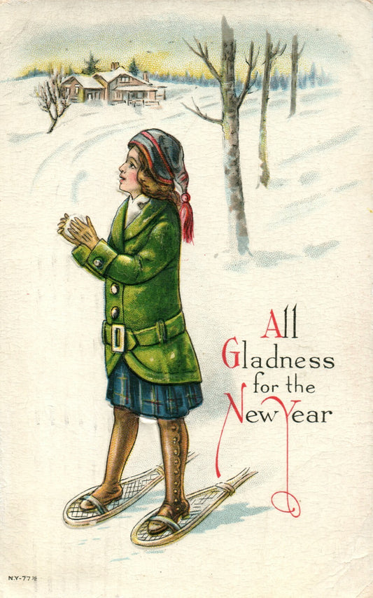 1914 Winter Scene Girl w/ Snow Shoes Snowball Fight Happy New Year Postcard