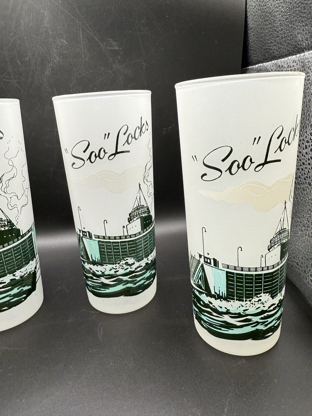 4 Vintage Soo Locks Michigan Souvenir Frosted Glasses Glass  Sault Ste Marie MI