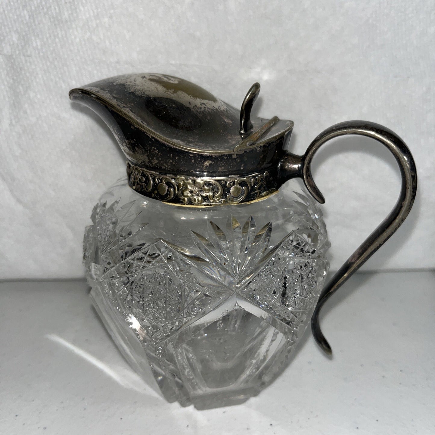 Vintage AMERICAN BRILLIANT Wheel Cut Glass Ball Pitcher Plated Silver Lid Handle