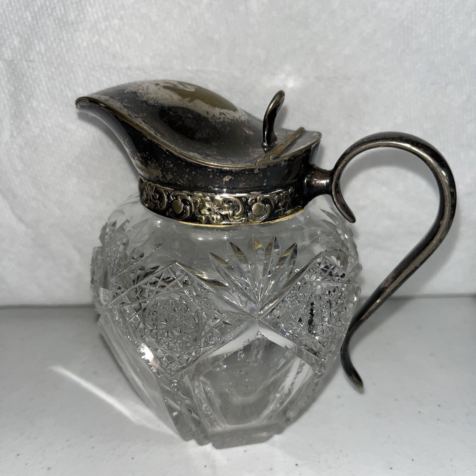 Vintage AMERICAN BRILLIANT Wheel Cut Glass Ball Pitcher Plated Silver Lid Handle