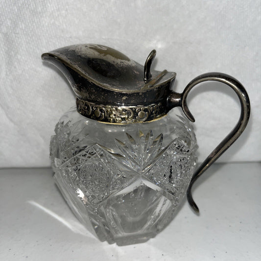 Vintage AMERICAN BRILLIANT Wheel Cut Glass Ball Pitcher Plated Silver Lid Handle
