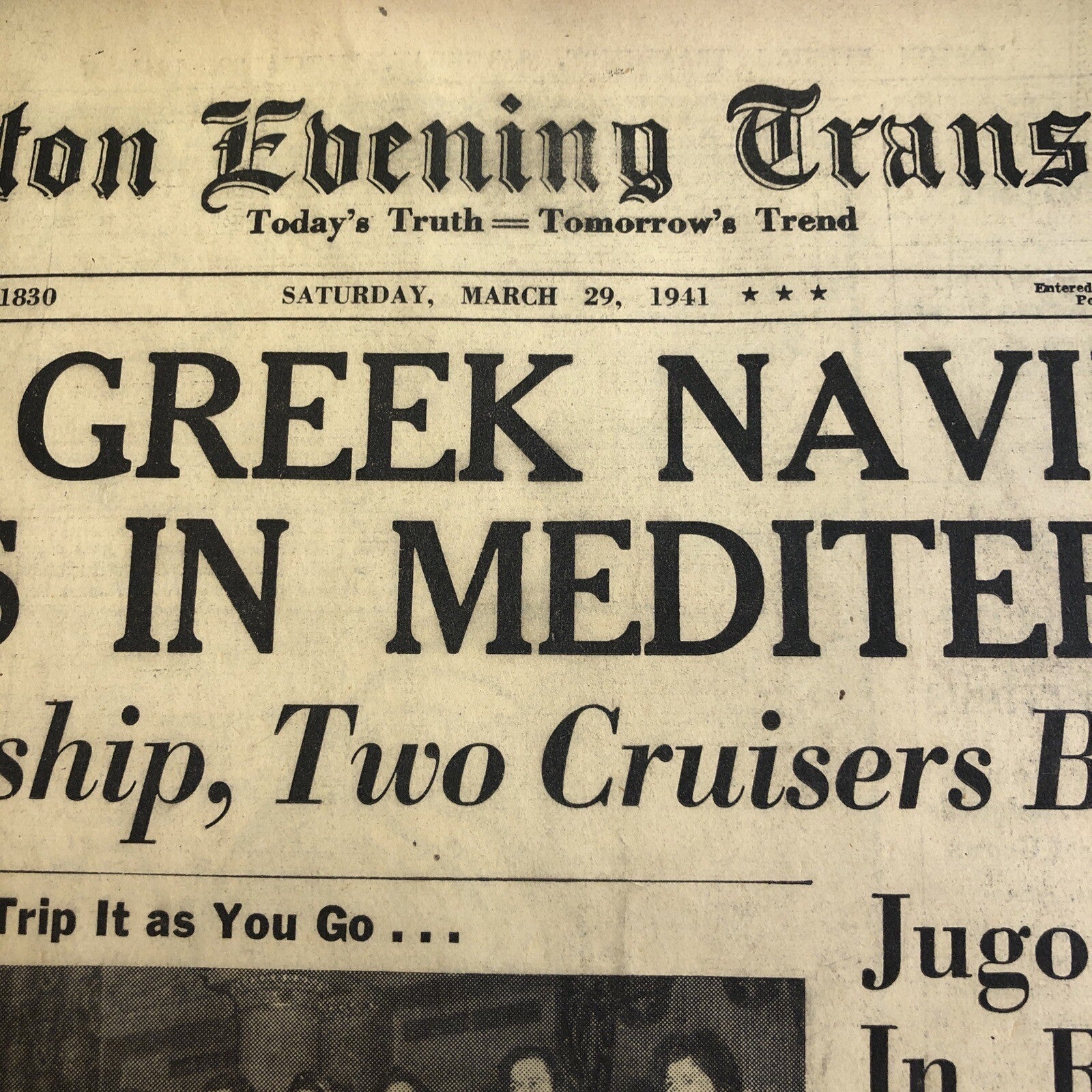 1941 MARCH 29 BOSTON EVENING TRANSCRIPT NEWSPAPER BRITISH GREEK NAVIES VS ITALY