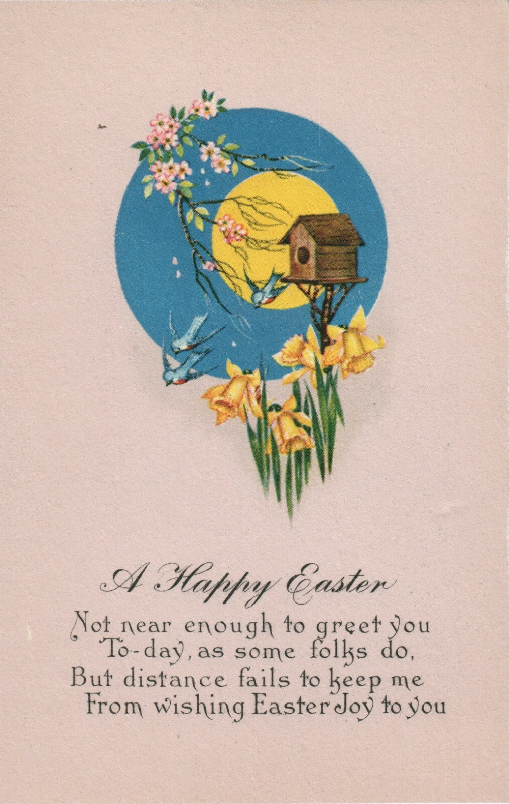 Full Moon Pink Background Bird House Yellow Pink Flowers Easter Wishes Postcard