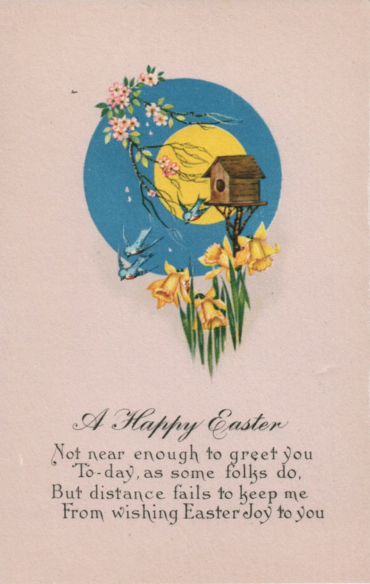 Full Moon Pink Background Bird House Yellow Pink Flowers Easter Wishes Postcard