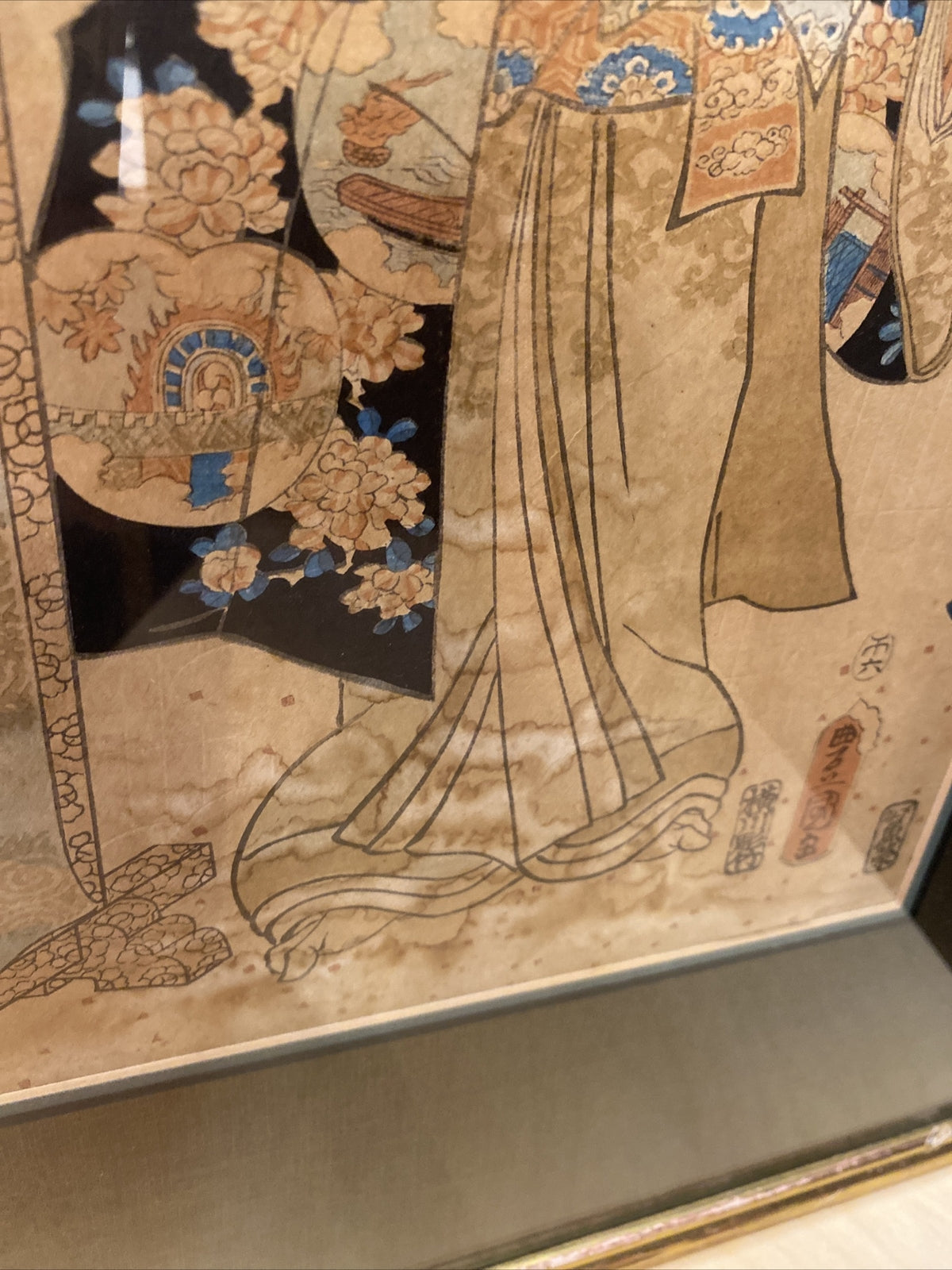 1920's 24" x 18.5"Chinese Gold Framed  & Matted Water color print  1 of 2