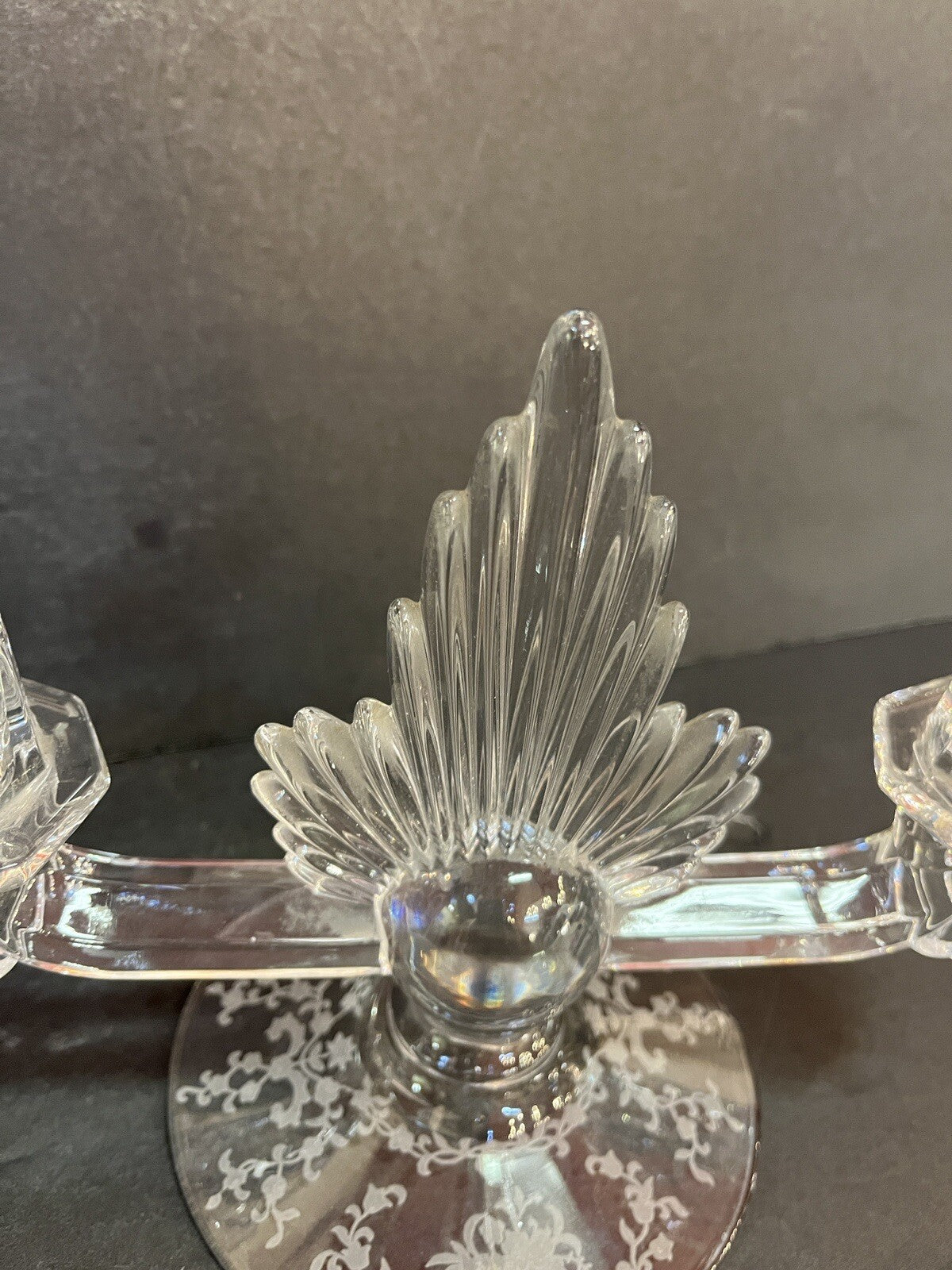 VTG art deco FOSTORIA double flame lido CRYSTAL Candleholder w/etched base (2)