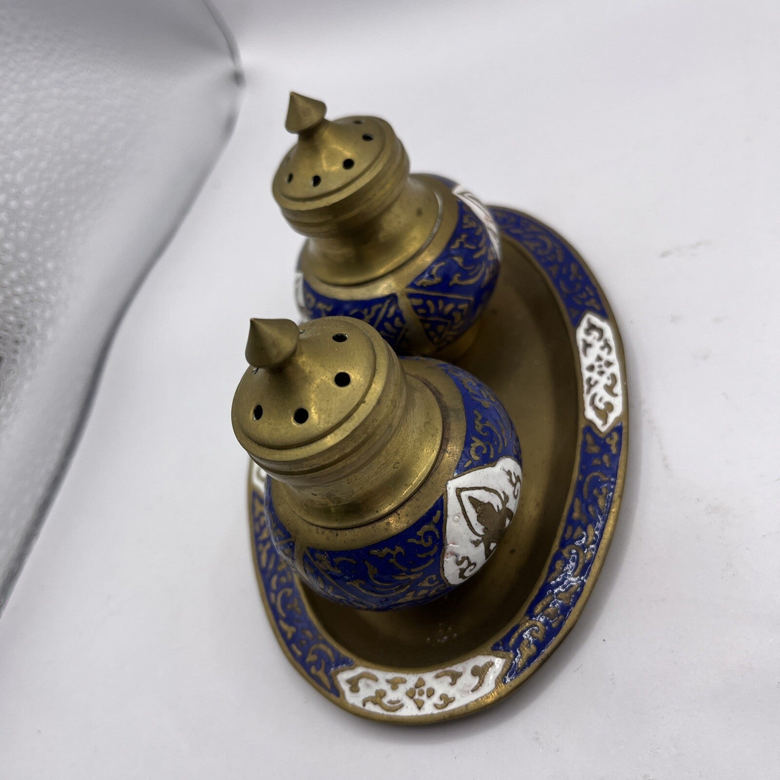 Vintage Brass Blue Enamel Salt Pepper Shakers Holder Tray set used