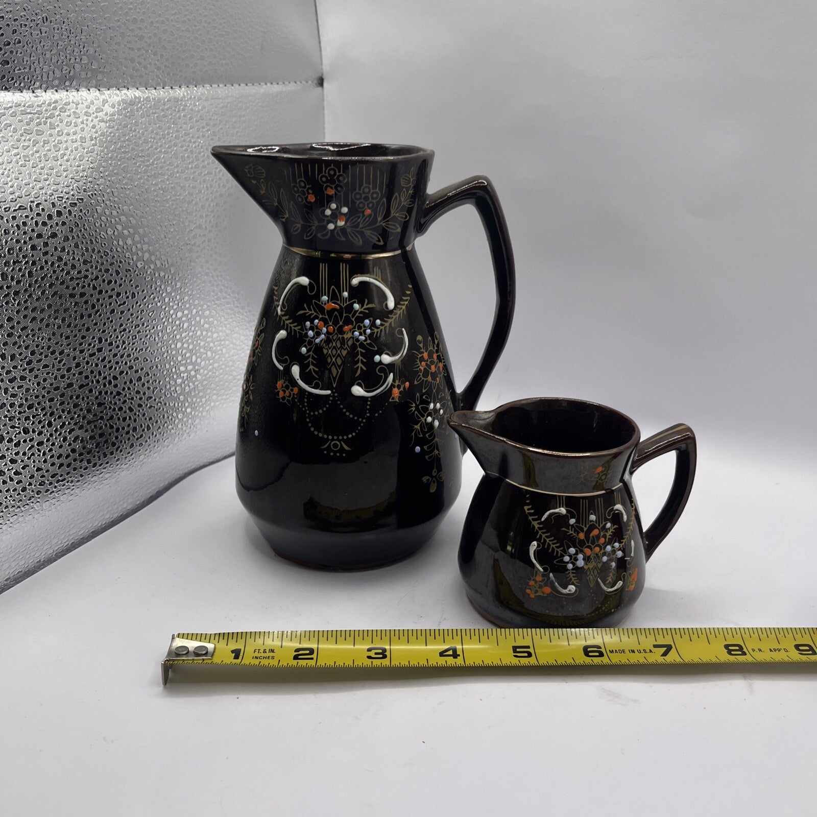 Vintage Brown Betty Pitcher & Creamer hand painted gold gilded Redware Moorage