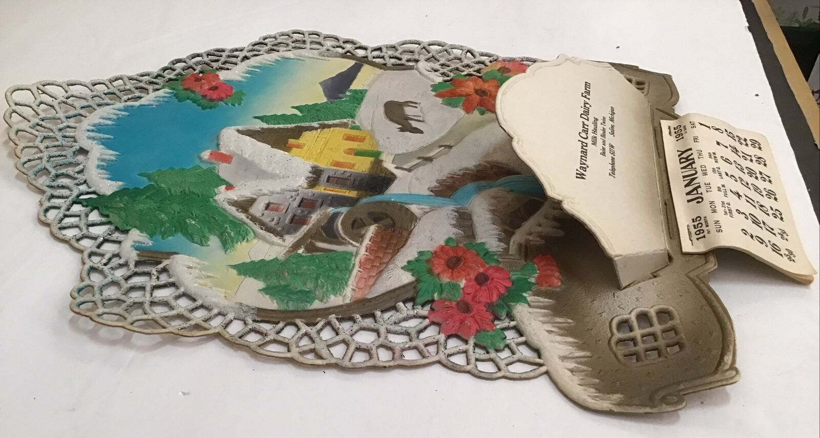 Large 1955 Waynard Carr Dairy Farm Milk Saline Michigan Calendar Die Cut Germany