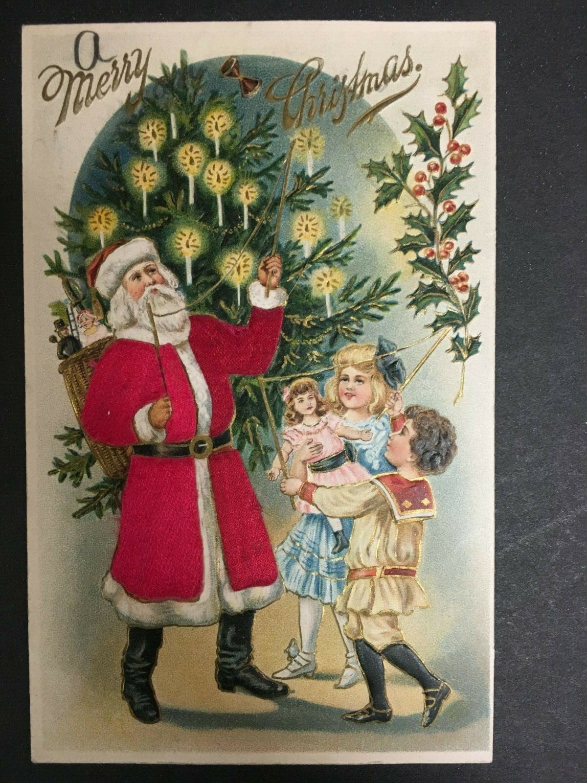Santa Red Robe Lighting Candles Christmas Tree Holly Children Silk Postcard