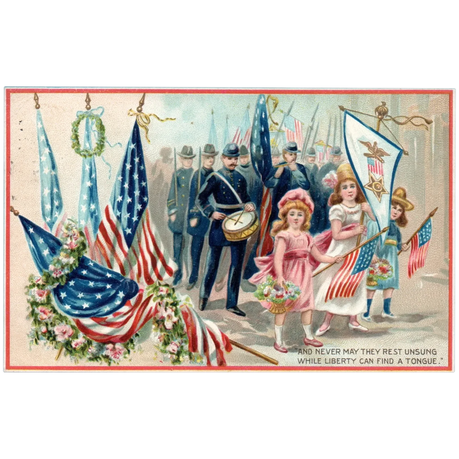 Children Walking w American Flags & Soldiers Vintage Memorial Patriotic Postcard