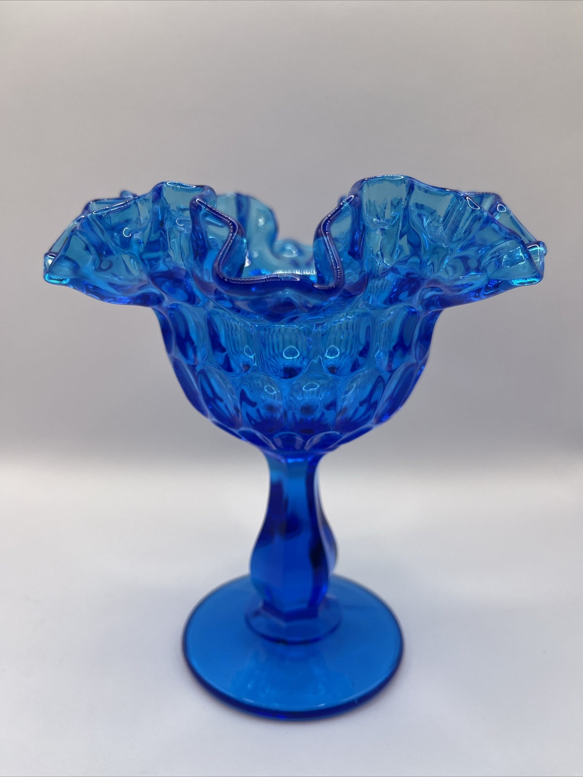 Vintage Fenton Art Glass Thumbprint Ruffled Pedestal Dish Colonial Blue