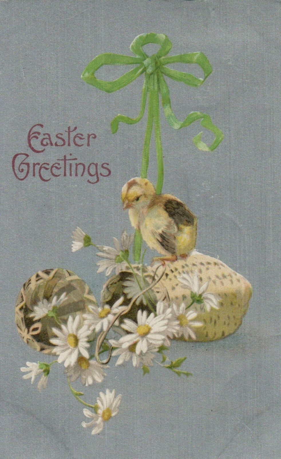 Silver Metallic Chick Sitting On Basket Of Flowers Happy Easter Postcard