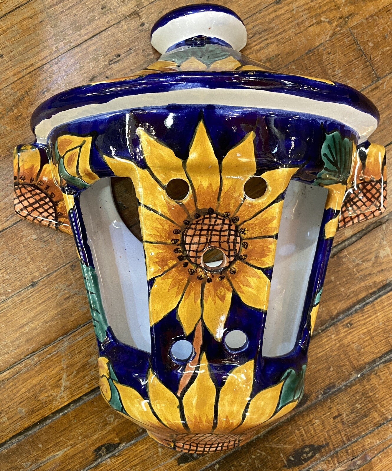 vintage Terracotta Pottery Wall Pocket Planter Mexican Talavera 1980's Sunflower