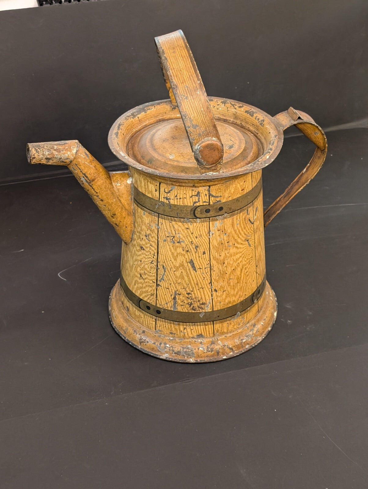 Antique Painted Tin Toleware Water Pitcher & Bowl Wash Basin Wood Grain yellow