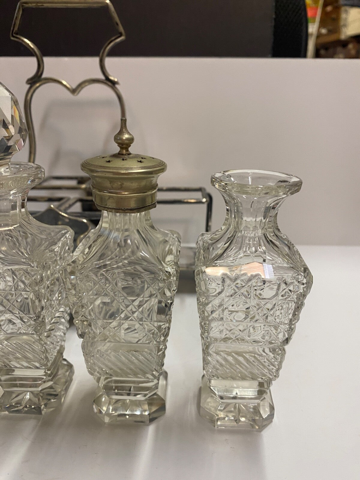 Antique 1900's Silver Plated Cruet 6 Piece Set & Carrier Salt Pepper Sugar &More
