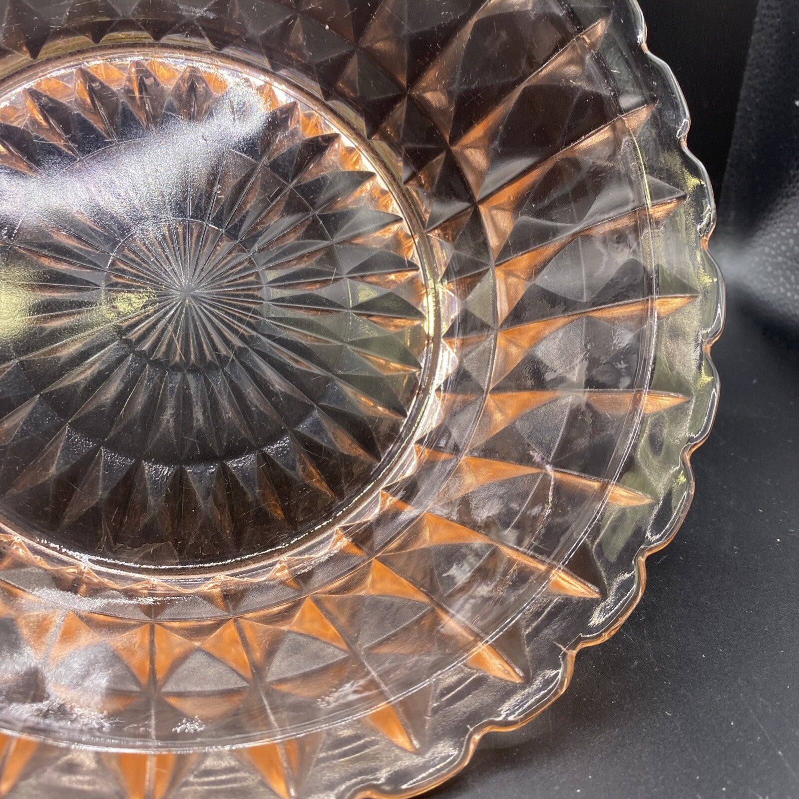 8.5" Vintage Pink Depression Glass Cube Diamond Scalloped Edge Bowl