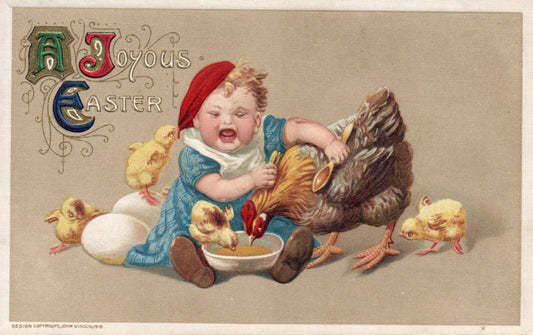 A Joyous Easter Baby Crying With Chicks & Hen on Him Vintage Easter Postcard