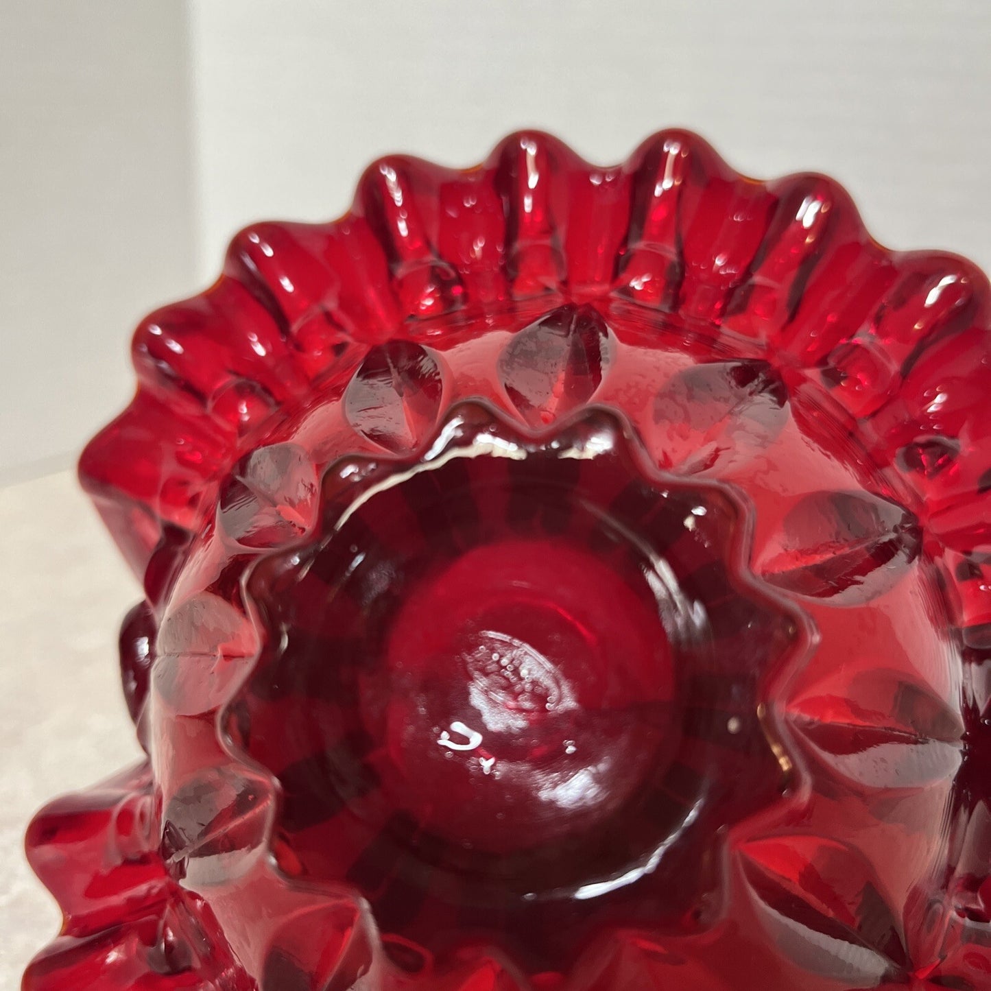 Vintage Fenton Ruby Red Smooth Glass Basket Ruffled Edges Twisted Handle