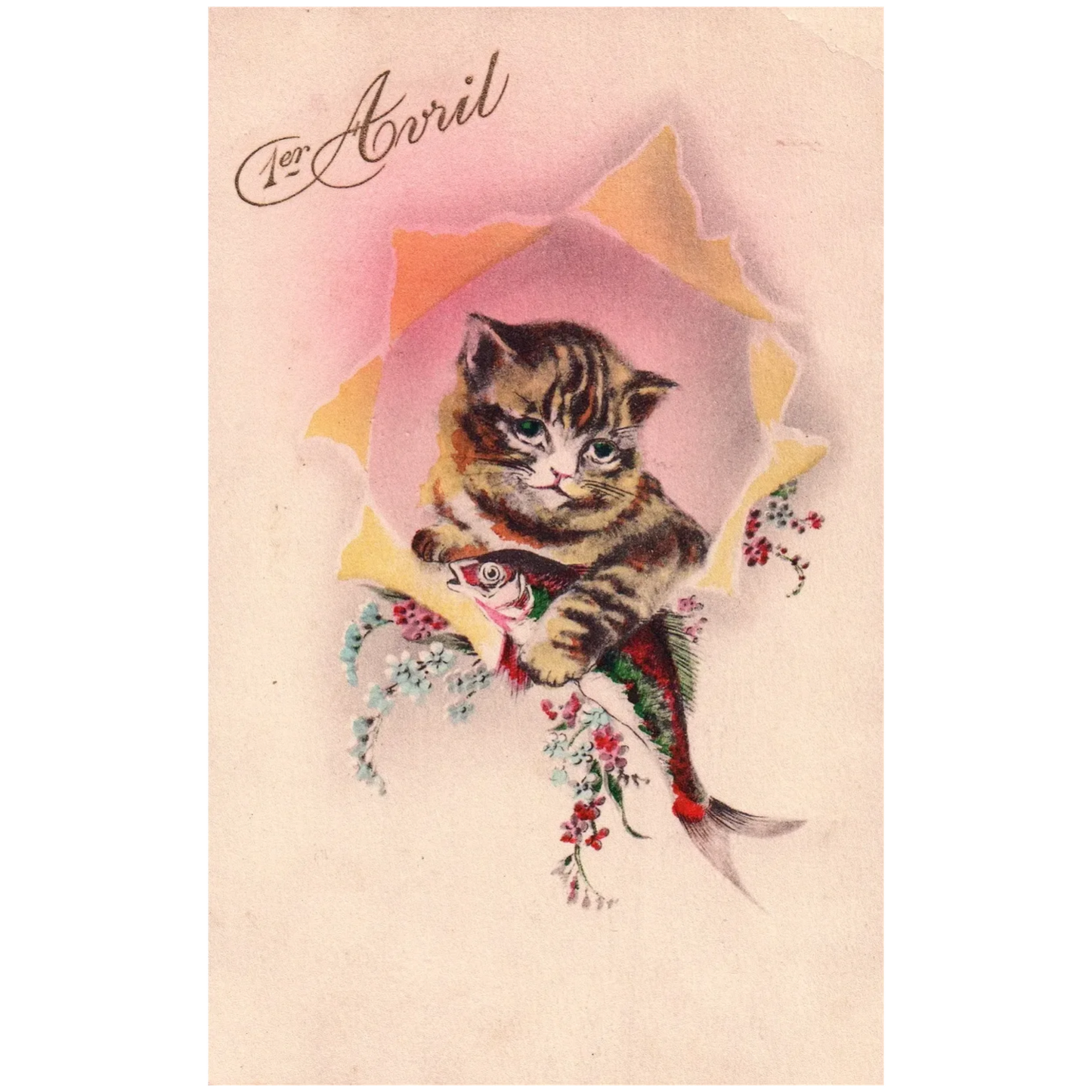 April 1st Little Kitten Holding onto Little Fish Vintage April Fools' Postcard