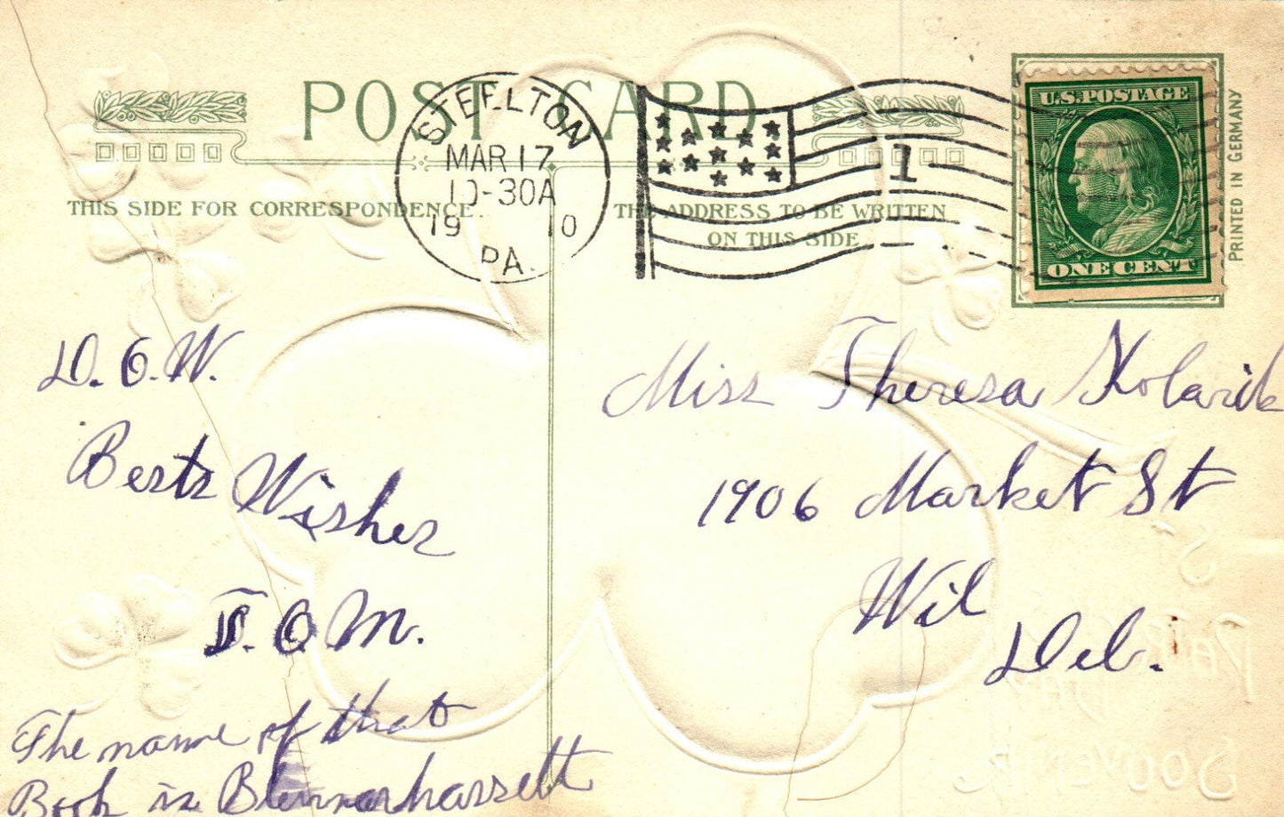 John Winsch   St Pats Post Card   Landscape inside Gold Embossed Clover