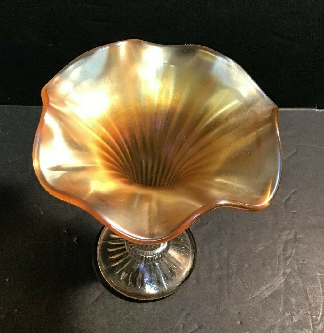 6" Marigold Clear Stem Tulip Shaped Iridescent Carnival Glass 